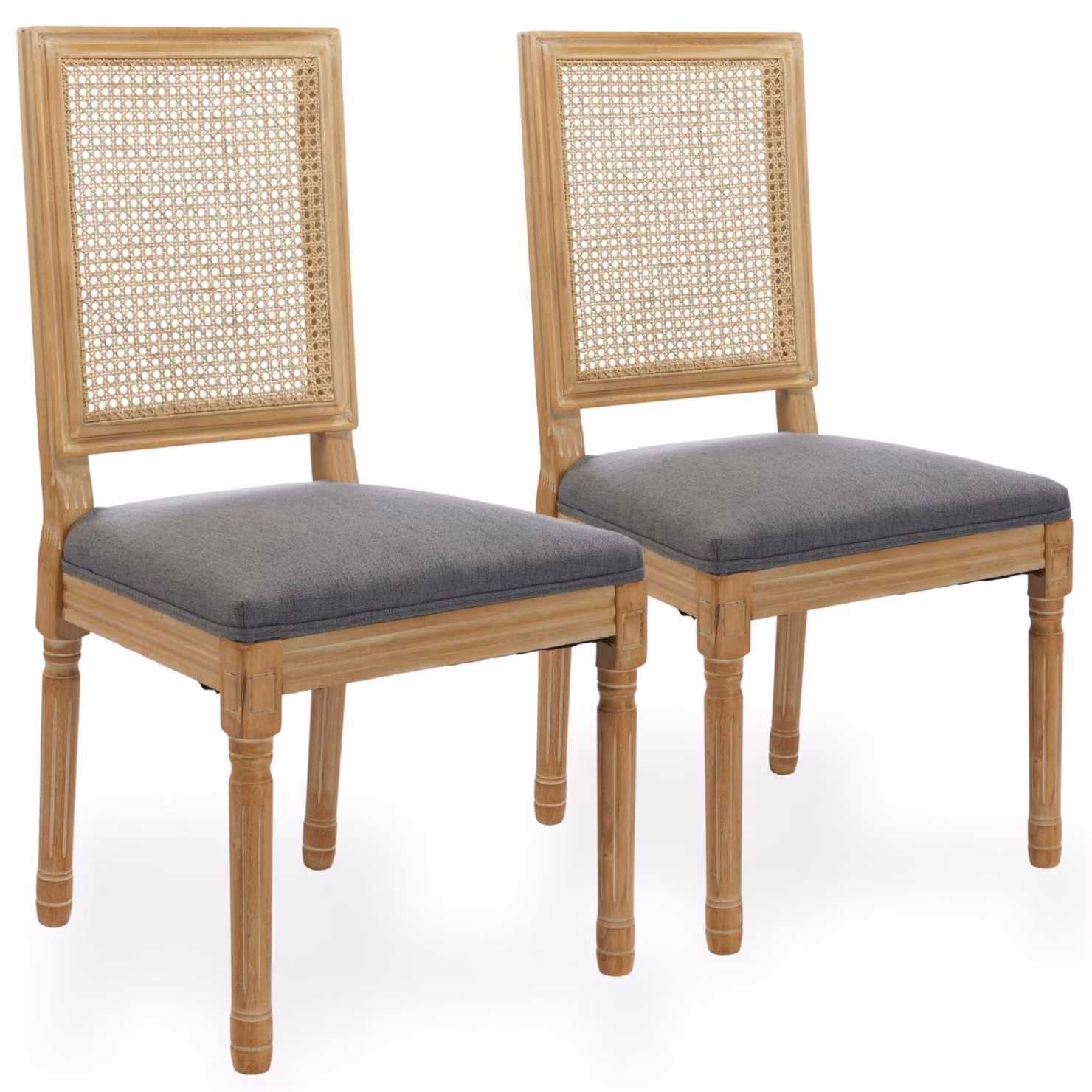 Set di 2 poltrone da pranzo in lino, con schienale in rattan e struttura in legno di gomma, colore grigio