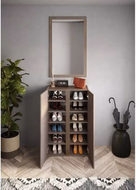 Mobile contenitore moderno Meublorama con 2 ante e ripiani interni, colore marrone e rovere, L: 111 cm, P: 35 cm, H: 70 cm
