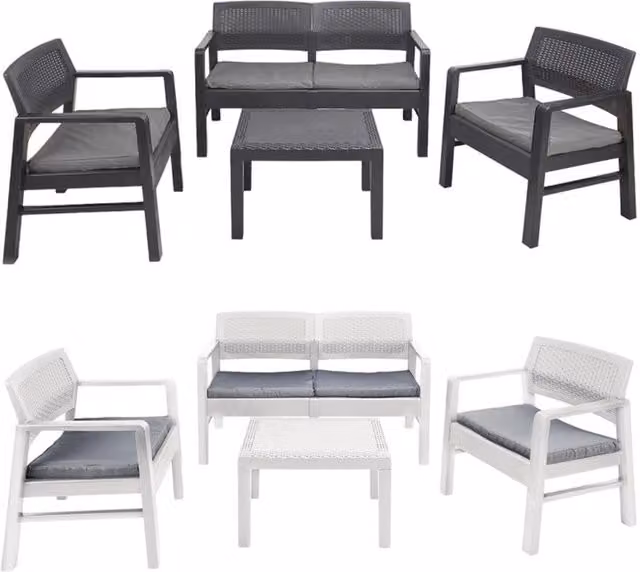 Trade Shop - Set Salotto Giardino Esterno Con Divano 2 Poltrone Tavolino Effetto Rattan Con Cuscini -