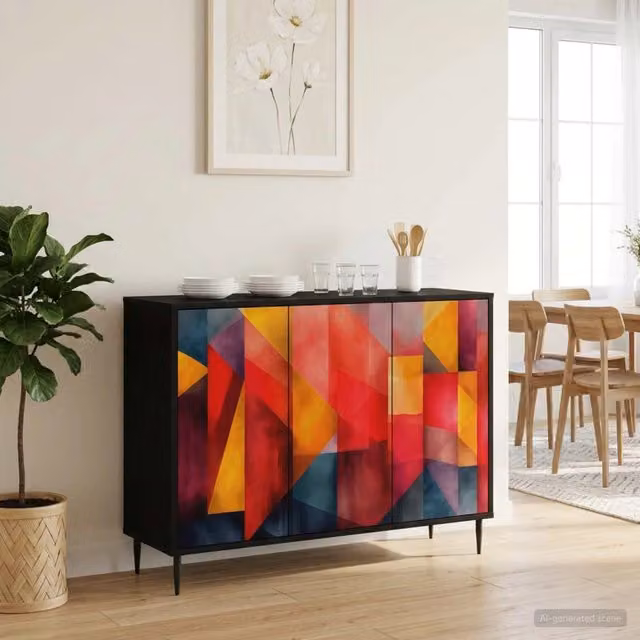 Credenza moderna HEESCH vidaXL in rovere e nero con design astratto L: 102 cm, P: 33 cm, H: 76 cm – 1