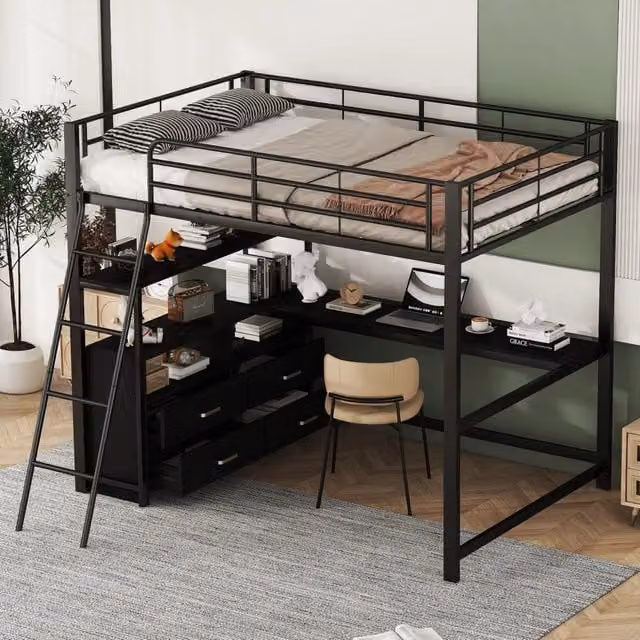 Letto a castello nero in metallo e MDF con scrivania a L e cassetti 140x200 cm
