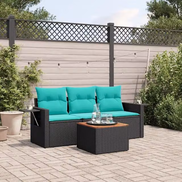 Set Divani da Giardino 4 pz con Cuscini Nero in Polyrattan 3224433