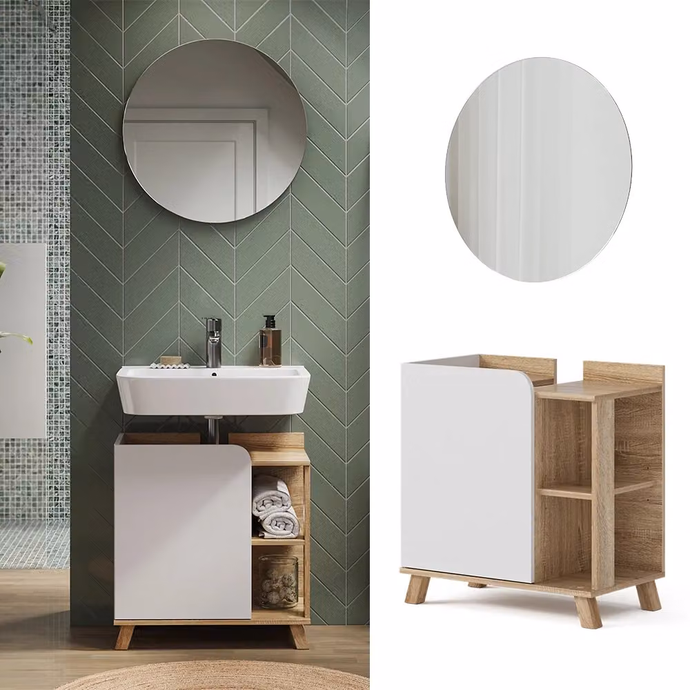 Set di mobili da bagno Vicco Karen composto da mobile lavabo e pensile con specchio, finitura Sonoma e Bianco, design moderno – 2