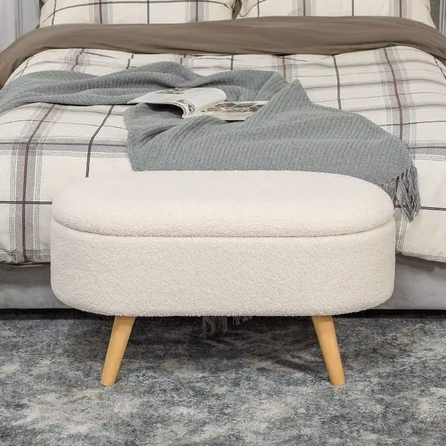 Panca contenitore con seduta imbottita e vano portaoggetti per ingresso in poliestere bianco 82×41×45 cm