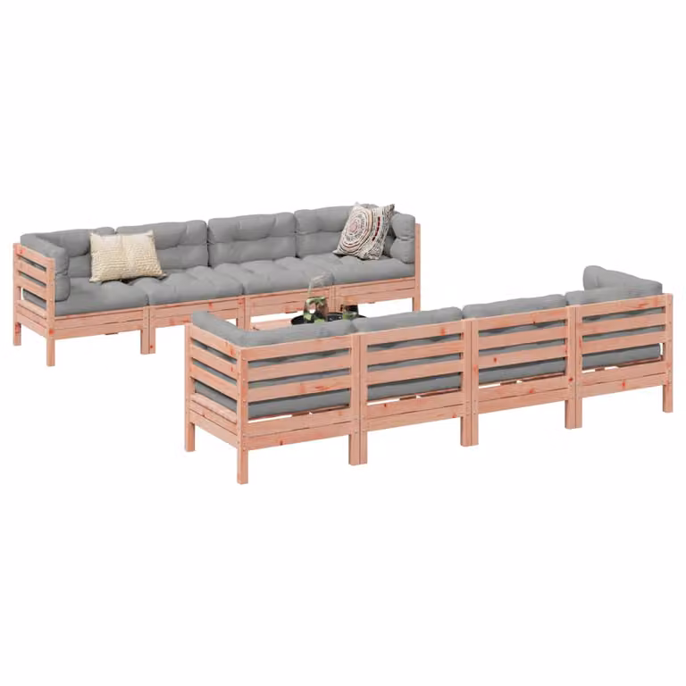 Set di divani da giardino vidaXL a forma di L composto da 9 pezzi in legno massello con cuscini grigi e marroni