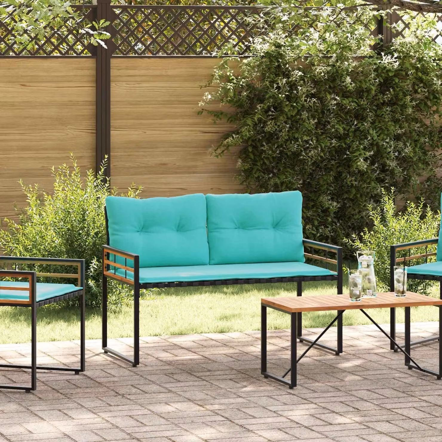 Panca da giardino in legno di acacia con gambe regolabili e cuscino