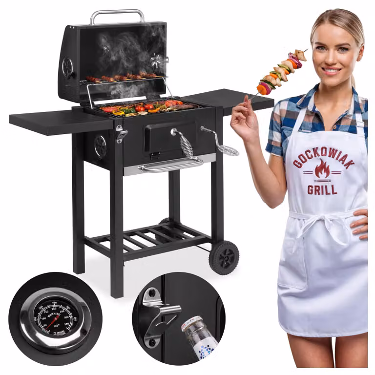 BARBECUE A LEGNA GRILL BBQ Carrello barbecue da giardino con coperchio Termometro Ripiani laterali