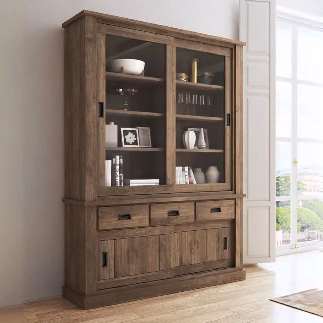 Vetrina Anthony III con 2 ante vetro e 3 cassetti colore noce eastwood stile shabby