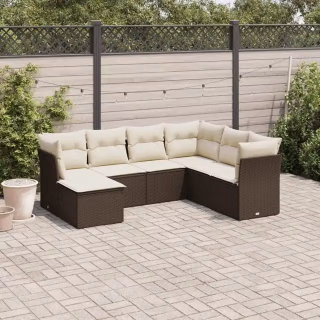 Set Divani da Giardino 7 pz con Cuscini Marrone in Polyrattan 3217993