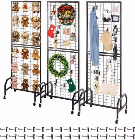 VEVOR Set di 3 Pannelli a Griglia per Esposizione da Pavimento in Acciaio al Carbonio con 30 Ganci, Colore Nero, L: 60 cm, H: 164 cm