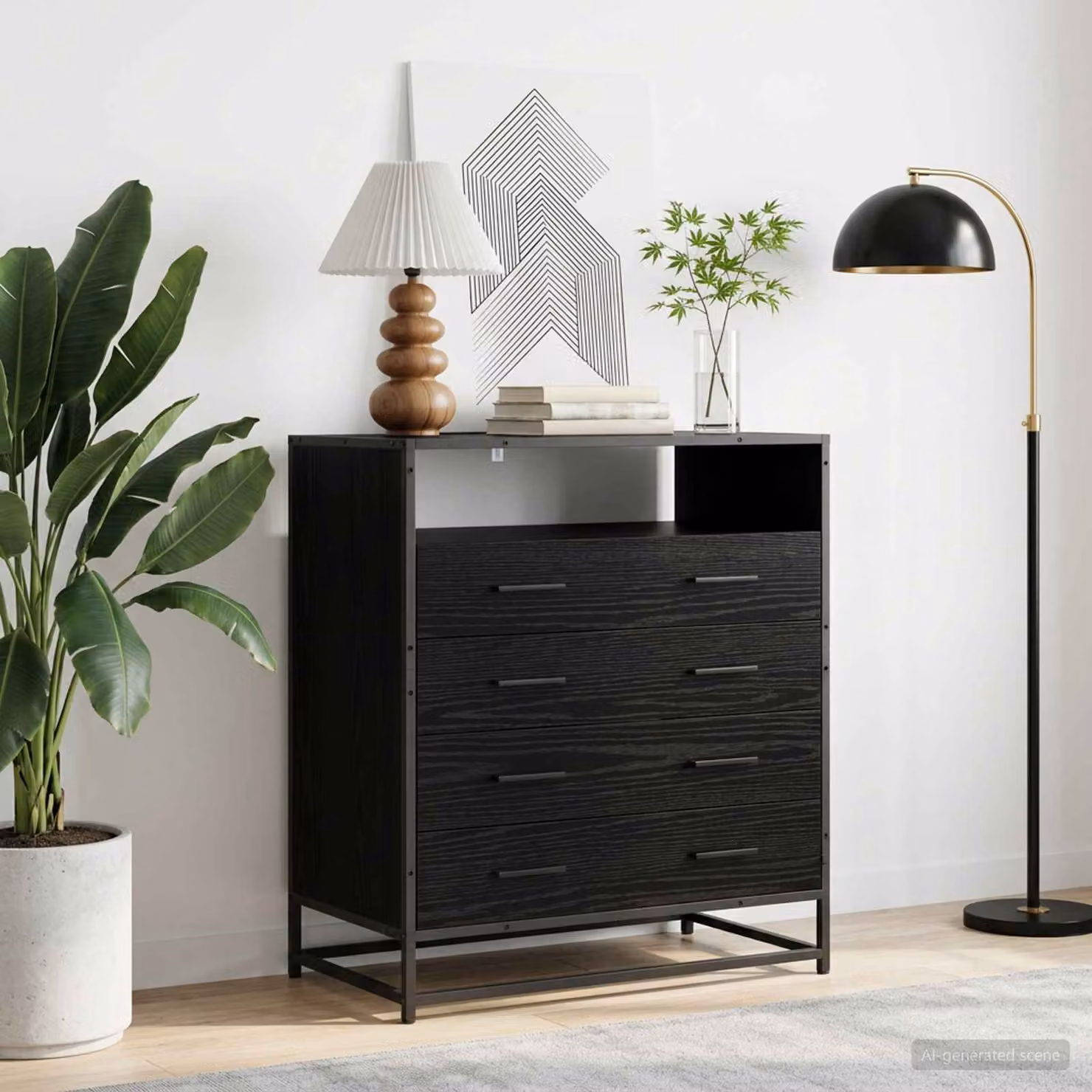 Carrello mobile con 4 cassetti vidaXL in rovere nero con ruote L 70 cm, P 41 cm, H 83,5 cm