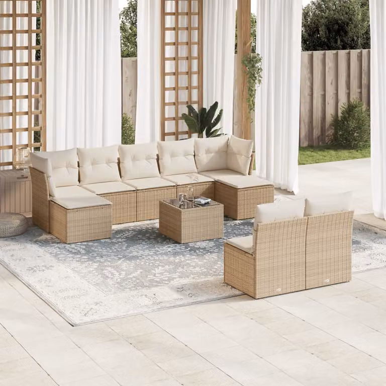 vidaXL Set Divano da Giardino 10 pz a Forma di L con Cuscini Beige e Tavolino in Vetro