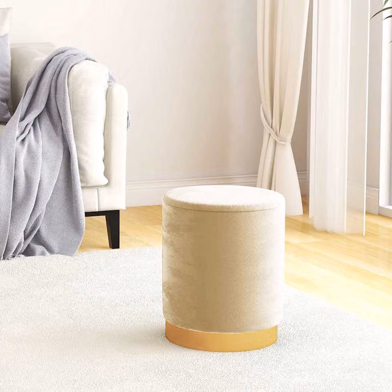 Sgabello rotondo con contenitore vidaXL in velluto beige, Diametro: 37 cm, Altezza: 31 cm