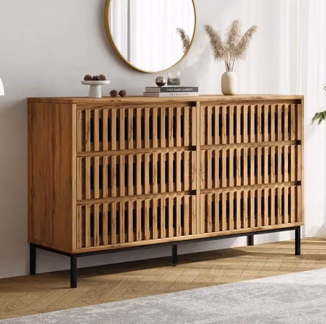 Credenza cassettiera con 6 cassetti 120x40x81 cm in MDF e truciolare; finitura legno naturale