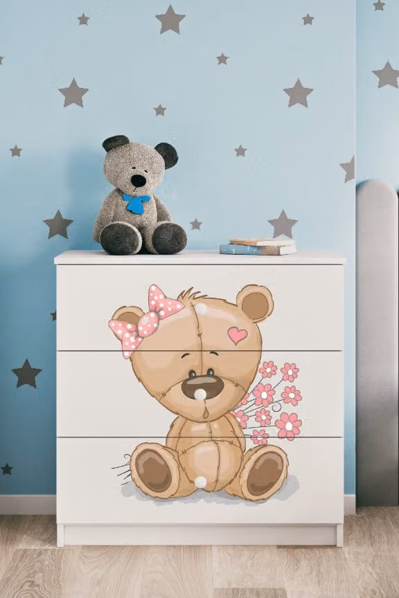 Cassettiera per bambini con orsacchiotto a fiori nel colore bianco Babydreams