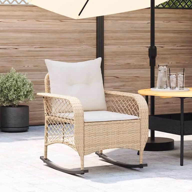 Sedia a dondolo da giardino vidaXL in polyrattan beige con cuscini inclusi