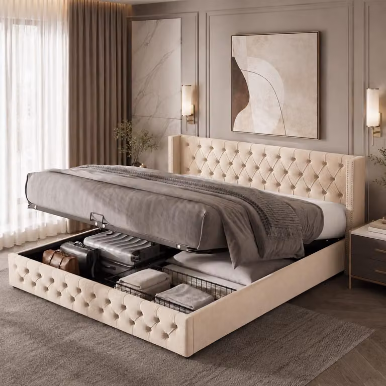 Letto imbottito 180 x 200 con cassettone a sollevamento idraulico – Letto matrimoniale con doppia fila di borchie e trapuntatura a bottoni, letto contenitore color beige