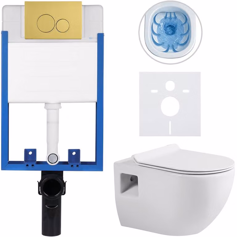 Set completo per WC da incasso, modello Lite/Dure, colore bianco lucido, pulsante doppio in oro, da murare, dimensioni 51x35 cm