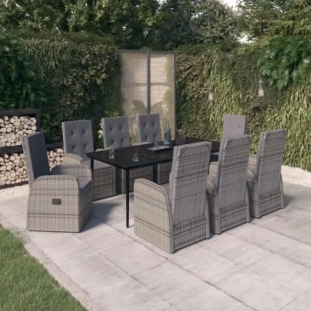 Set da pranzo da giardino vidaXL in polyrattan con tavolo in vetro e 9 pezzi, Grigio e Nero – 1