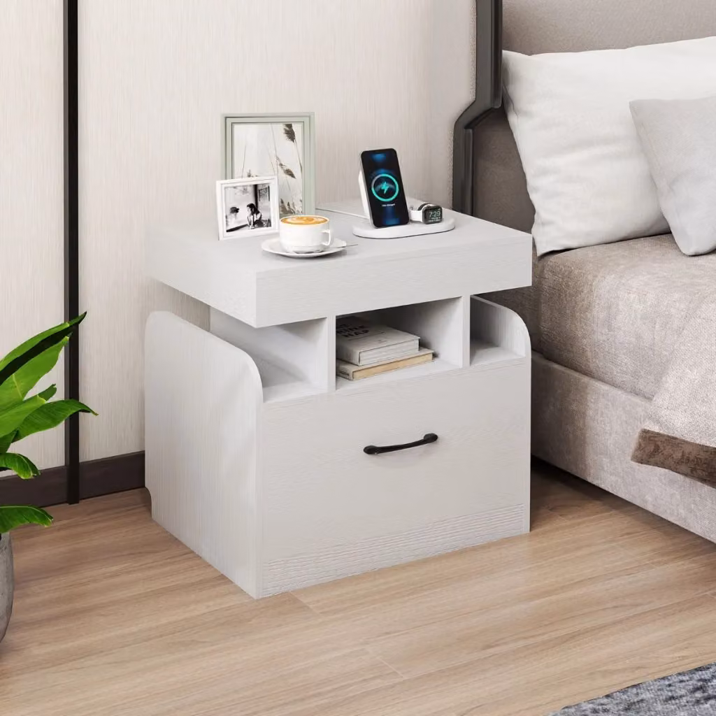 Tavolino da letto con cassetto e vano scorrevole con vassoio e ripiani aperti Design Mania Bianco – 2