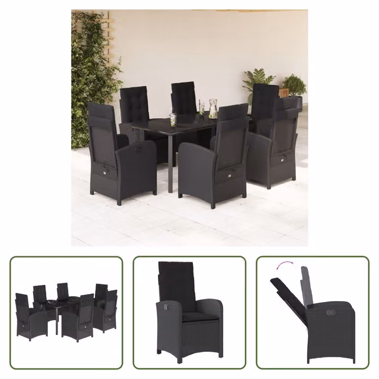 The Living Store Set da pranzo da giardino 7 pezzi con cuscini in polirattan nero