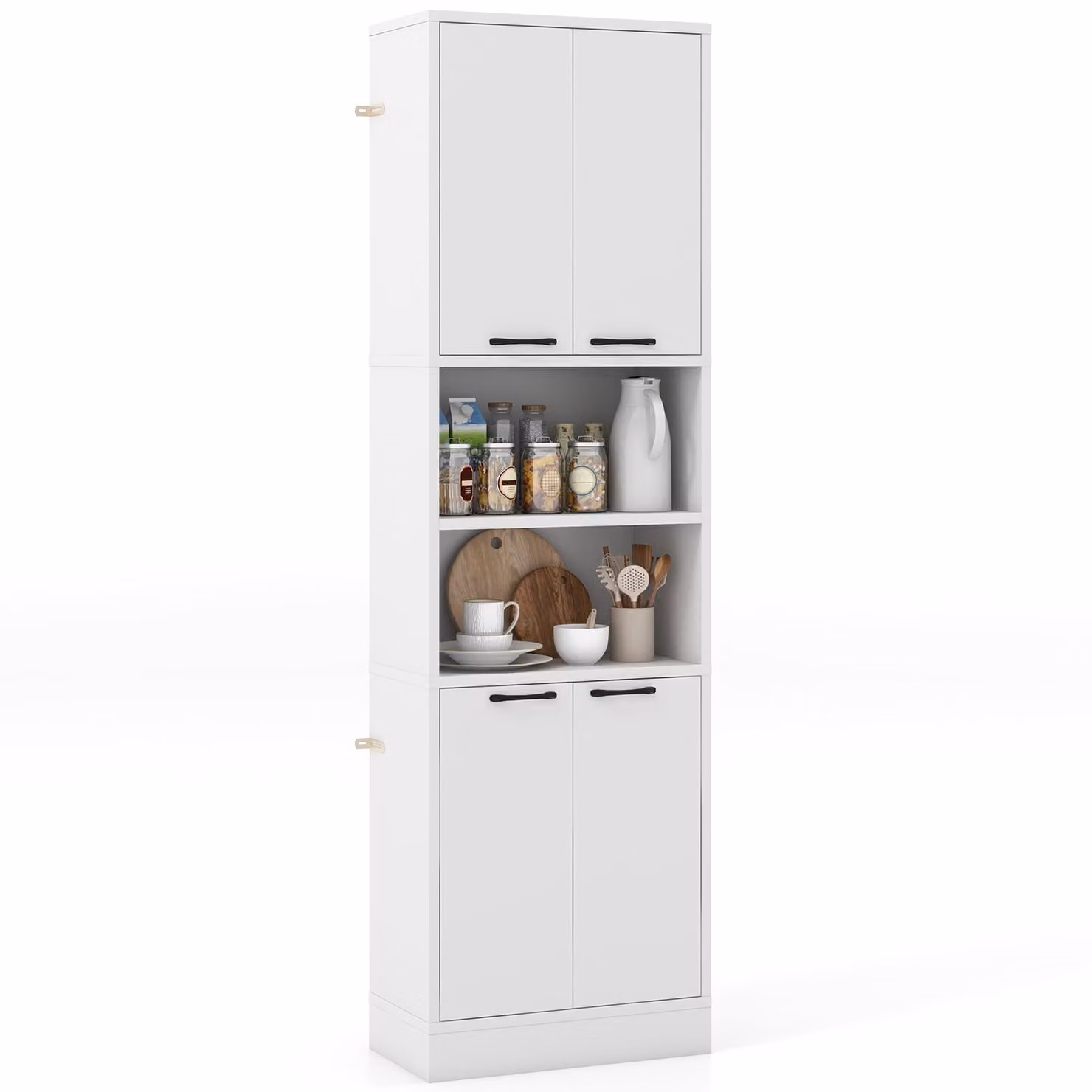 COSTWAY Armadio da cucina alto 190 cm, mobile alto con ante, ripiani, cerniere di sicurezza e protezione antiribaltamento, credenza indipendente multiuso per sala da pranzo, soggiorno bianco