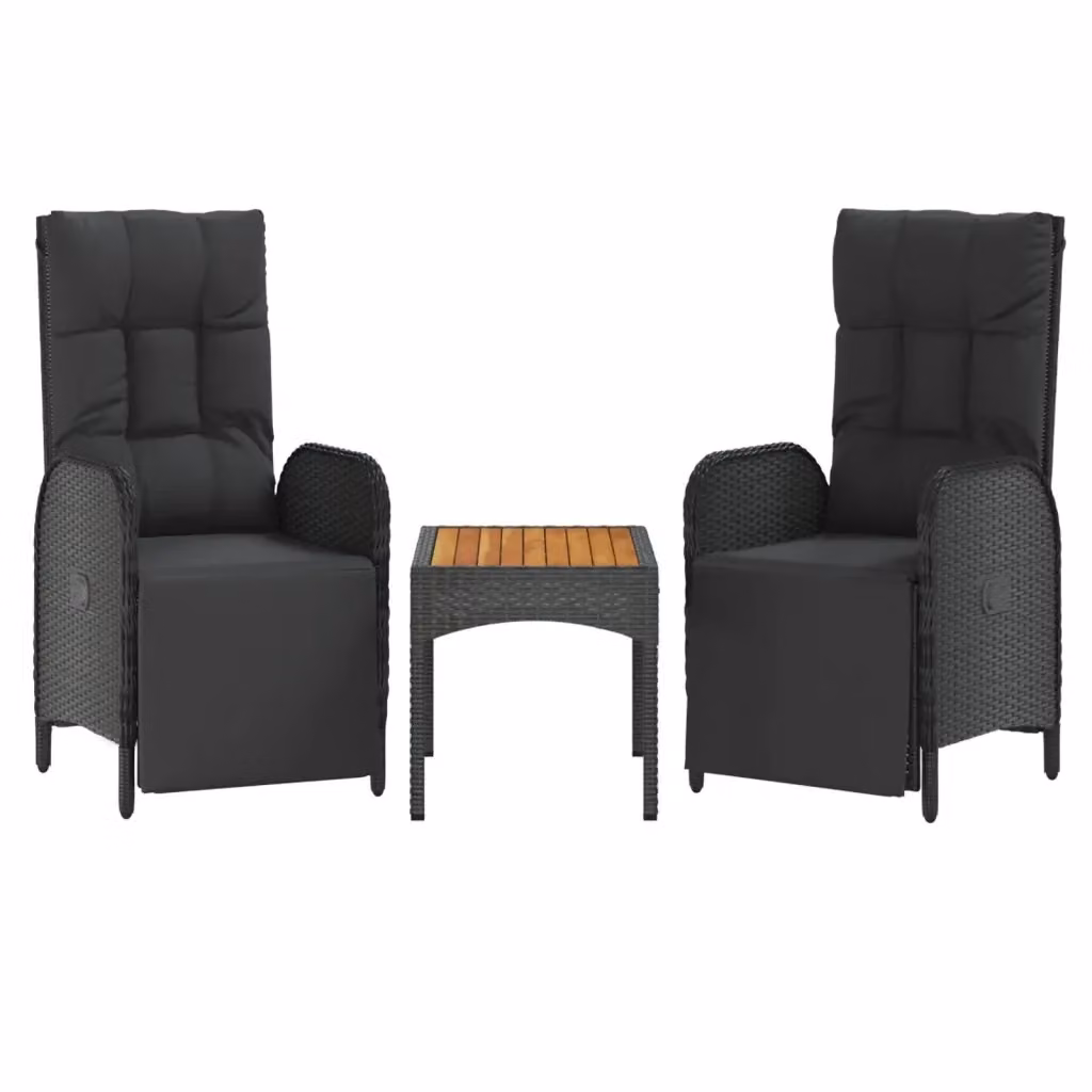 Set da giardino moderno vidaXL composto da 2 sedie reclinabili e un tavolo rettangolare in legno di acacia oliato e polyrattan nero – 2