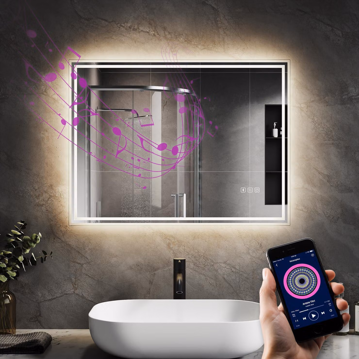 Specchio da bagno a LED, 80x60 cm, con Bluetooth, controllo touch, 3 tonalità di luce e dimmerabile