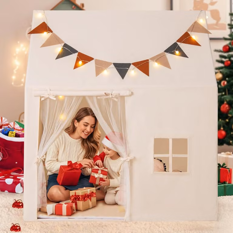 Tenda da gioco Costway per bambini con materassino antiscivolo, ideale per interno ed esterno, Beige e Bianco
