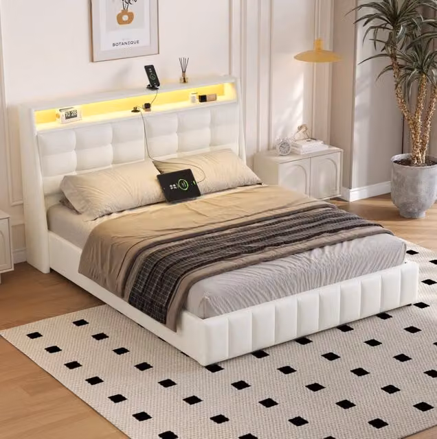 Letto piattaforma REDOM bianco con contenitore, LED, porte USB e schienale regolabile, L/P/H: 160 x 200 x 57 cm