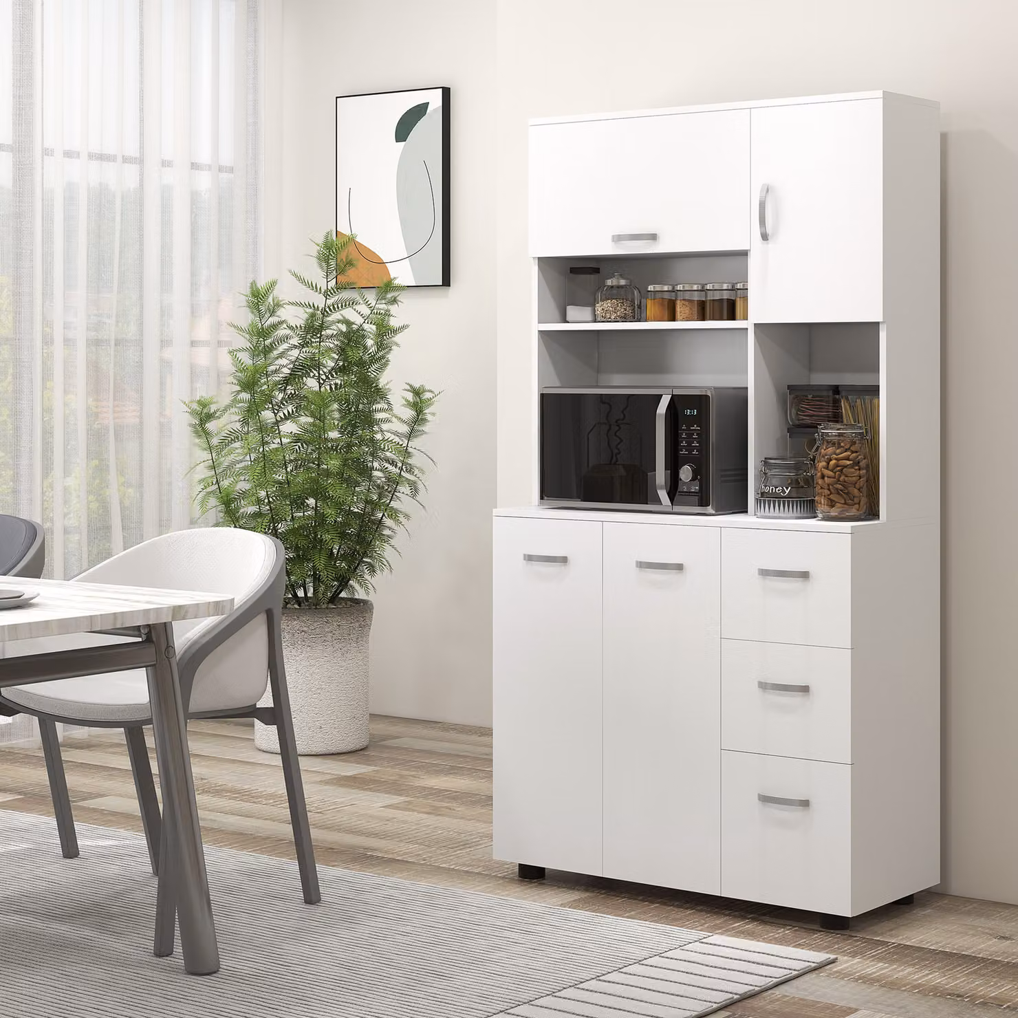 Armadio cucina e buffet moderno HOMCOM con 3 cassetti e 3 ripiani, Bianco, L: 89 cm, P: 39,5 cm, H: 168 cm – 2