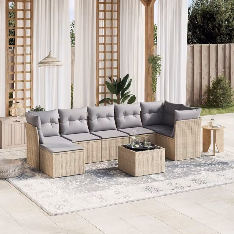 vidaXL Set Divano da Giardino 8 pz Moderno in Polyrattan con Cuscini Beige e Grigio e Tavolino da Esterno