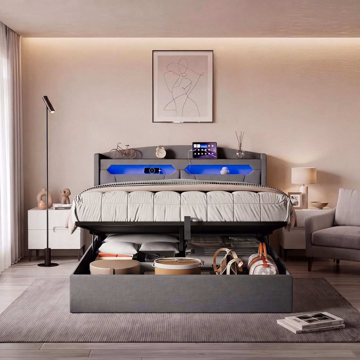 Letto imbottito 140x200 cm, grigio, con spazio contenitore, cassettiera idraulica, illuminazione LED RGB, testiera con vano portaoggetti e prese, connettività USB e Type-C