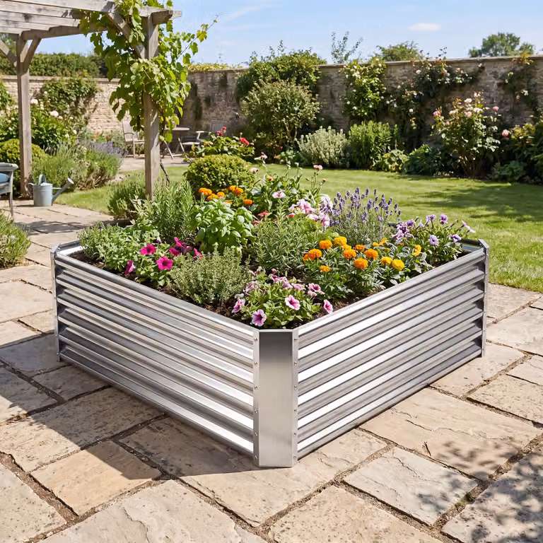 Costway Orto rialzato da esterno in acciaio zincato color argento, fioriera per piante e verdure L: 124,5 cm, P: 124,5 cm, H: 44,5 cm