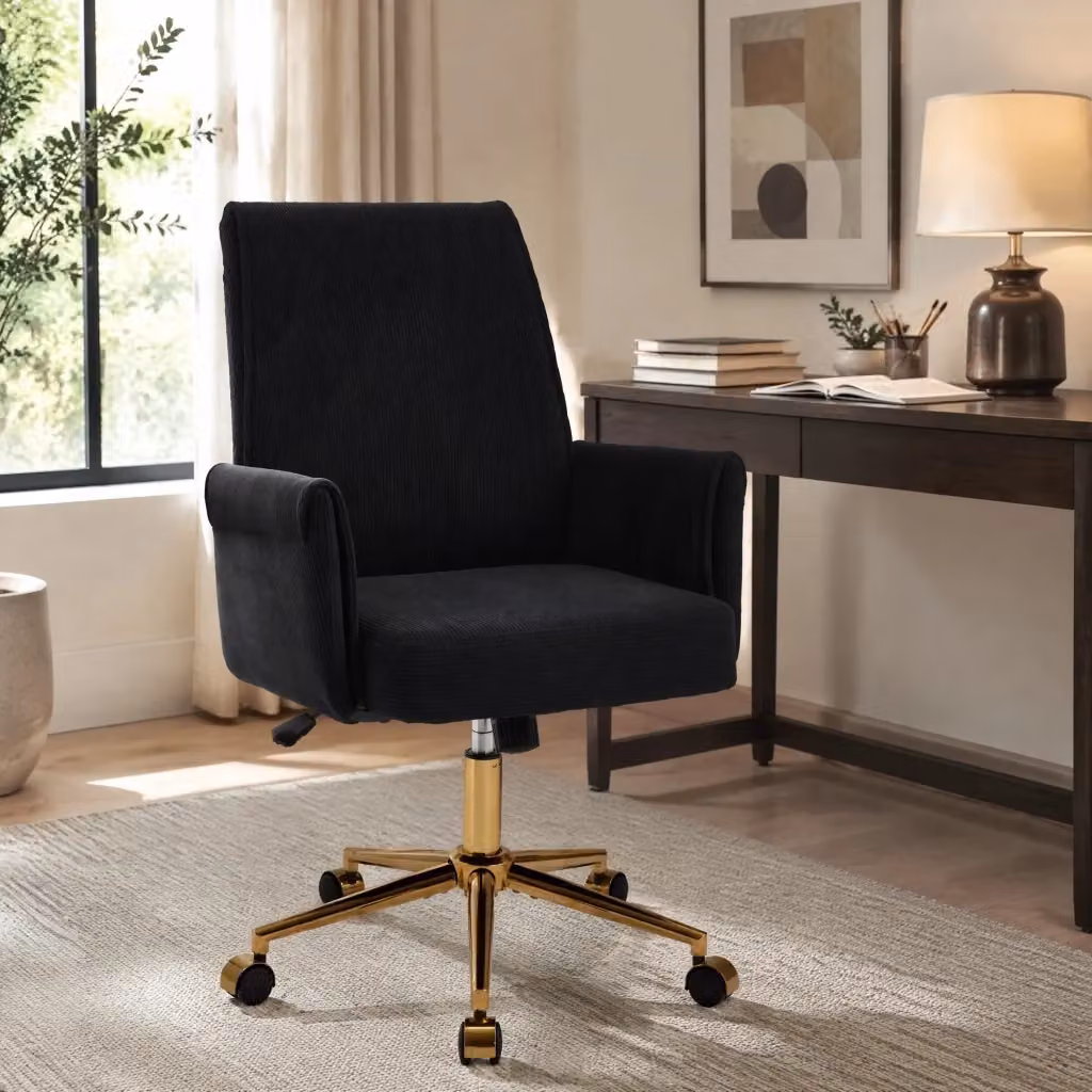 Sedia da ufficio ergonomica girevole REDOM in velluto a coste nero con base in metallo oro per home office – 2