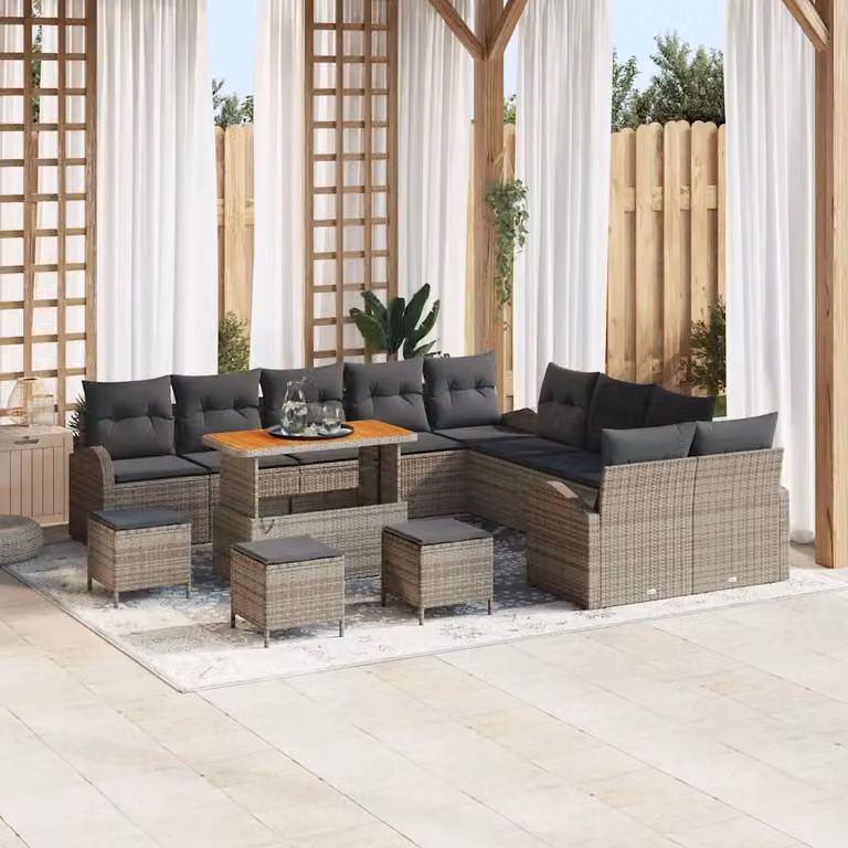 Set Divano da Giardino vidaXL 14 Pezzi in Polyrattan Grigio con Cuscini e Tavolino da Caffè