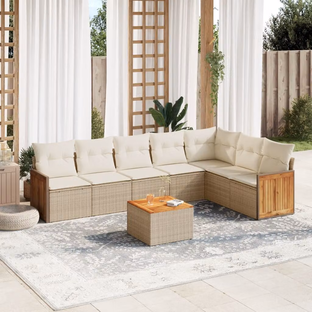 vidaXL Set Divano da Giardino a L 8 pz in Polyrattan con Cuscini Beige e Tavolino da Caffè Moderno – 1