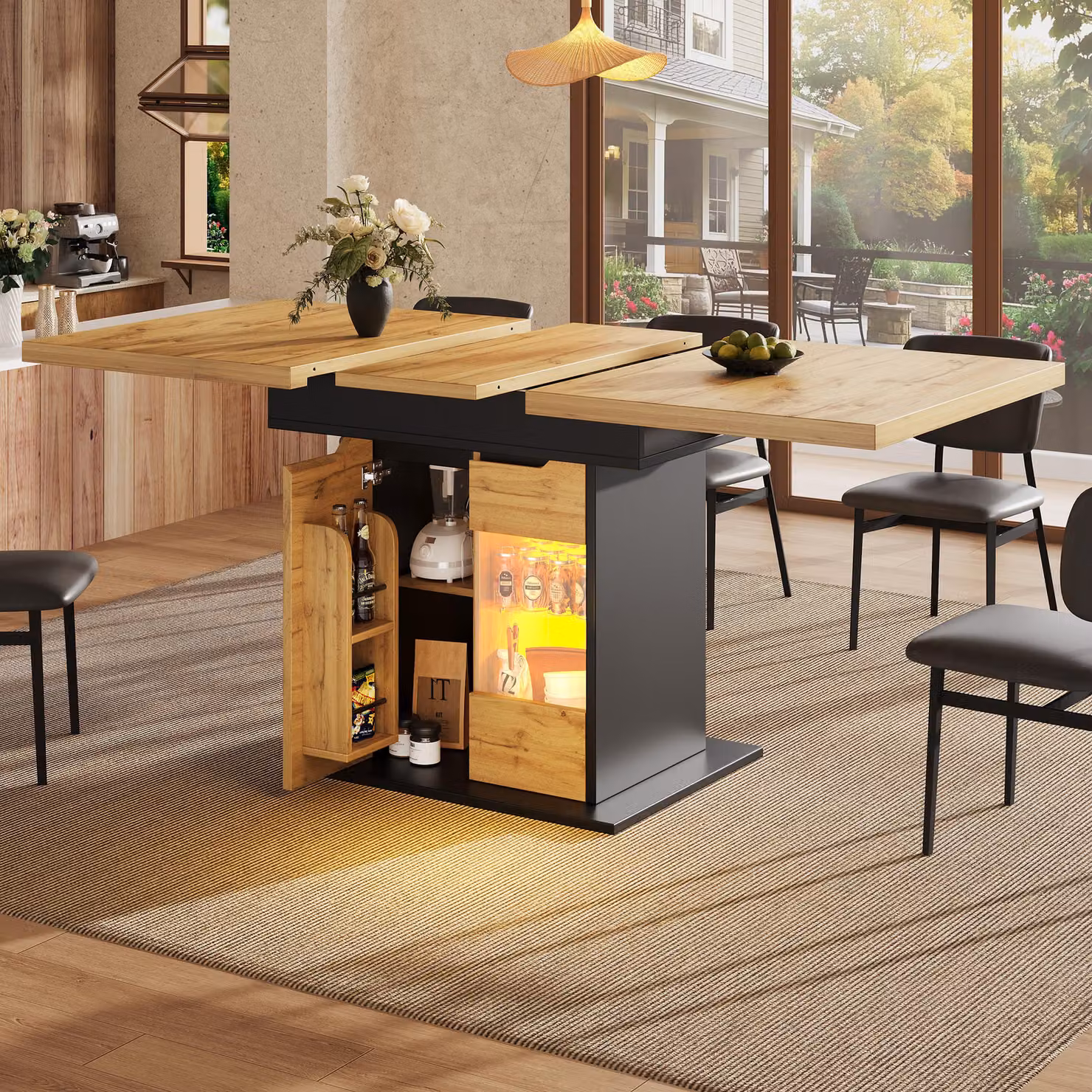STILVORA Tavolo da pranzo allungabile, tavolo da cucina pieghevole per 4-6 persone, con illuminazione a LED e ripiano portaoggetti Ante dell'armadio, porta USB per ricaricare i dispositivi