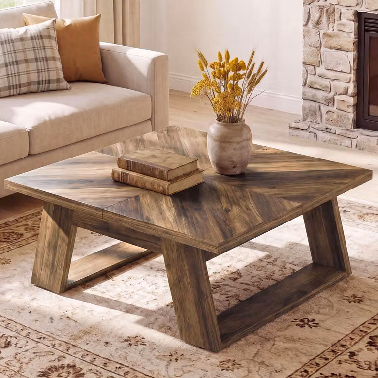 Tribesigns, tavolino da divano da 100 cm, in legno | Motivo geometrico del legno, piano spesso, gambe robuste a forma di U, superficie facile da pulire, colore marrone