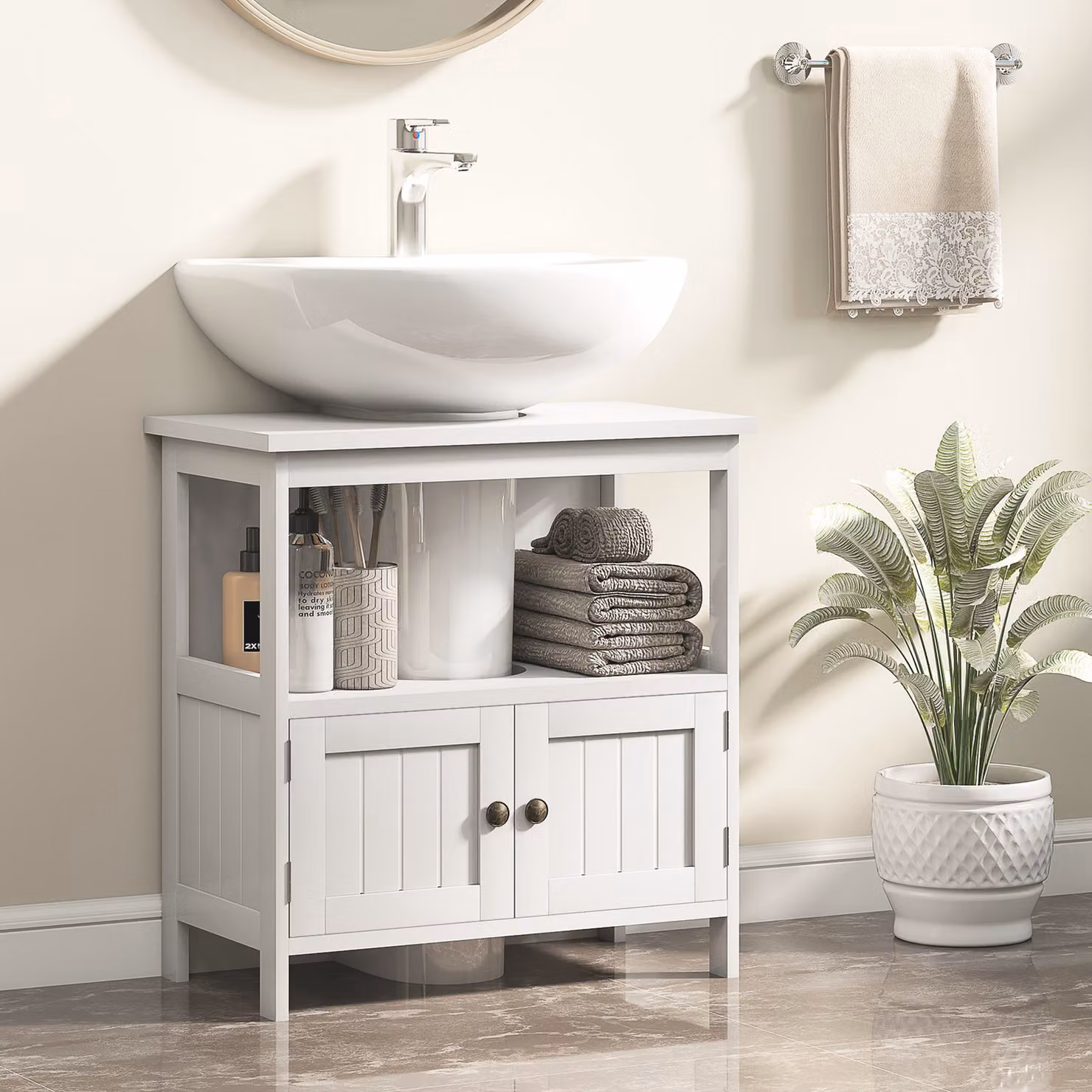 Mobile Sottolavabo kleankin con Ripiano e Armadietto a 2 Ante, Bianco, L: 60 cm, P: 30 cm, H: 60 cm – 2