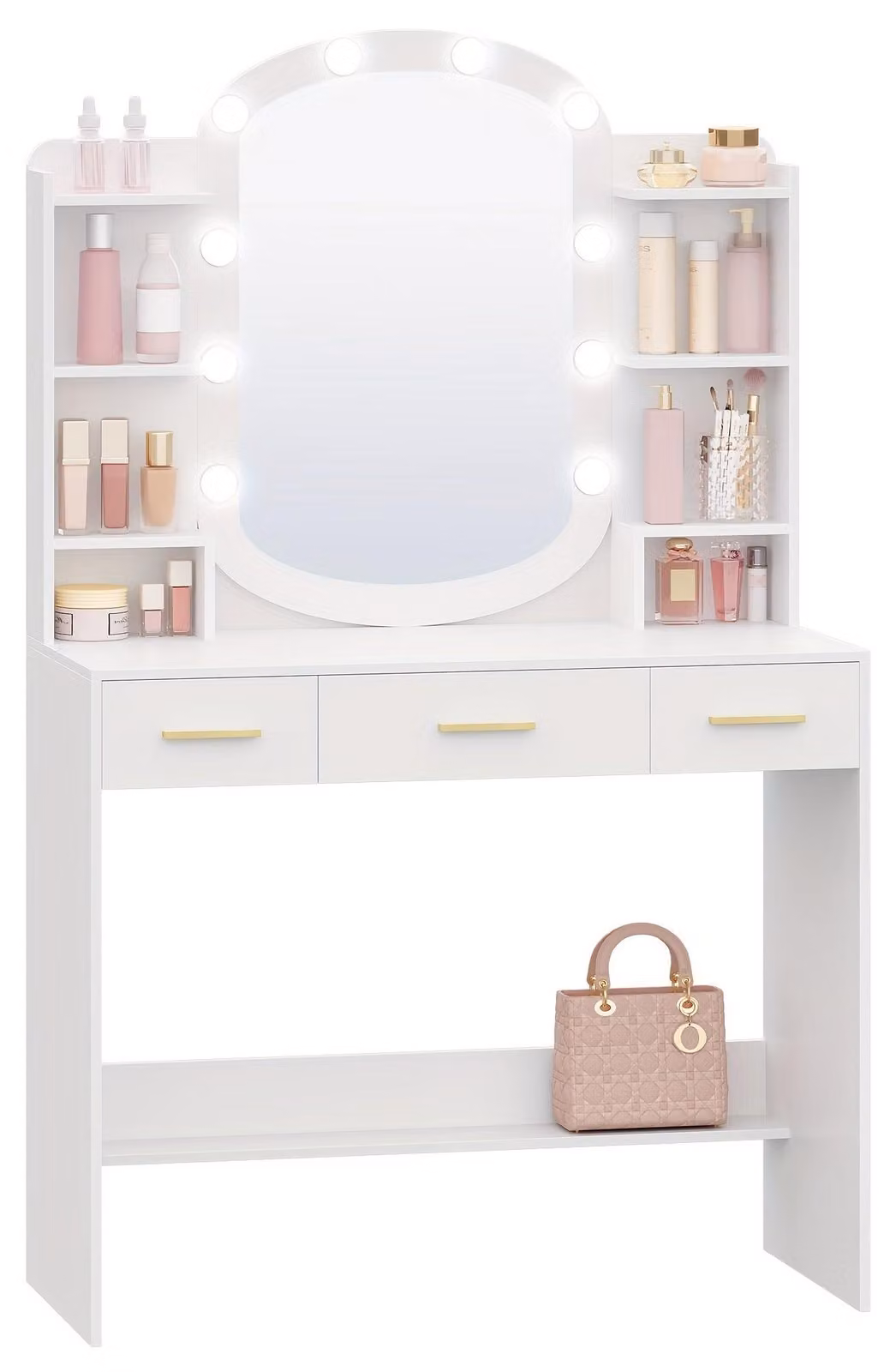 Comò da trucco - Tavolino da trucco - Comò - Specchiera - Tavolino da toeletta - Colore: bianco lino - 10 lampade LED con 3 livelli di luminosità