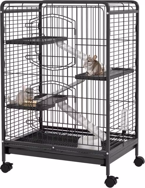 Gabbia per Roditori Minimal con Ruote e 3 Piattaforme, Colore Nero, H 95 x L 61.5 x P 44 cm