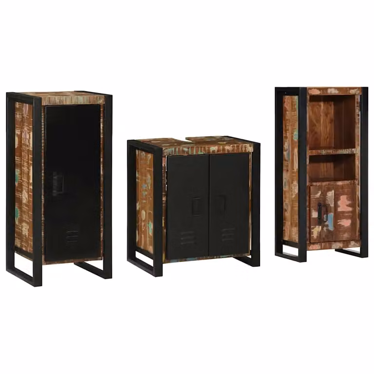 Set di mobili per il bagno vidaXL 3 pezzi in legno e metallo multicolore e nero con mobile lavabo, pensile e mobile laterale in stile minimalista