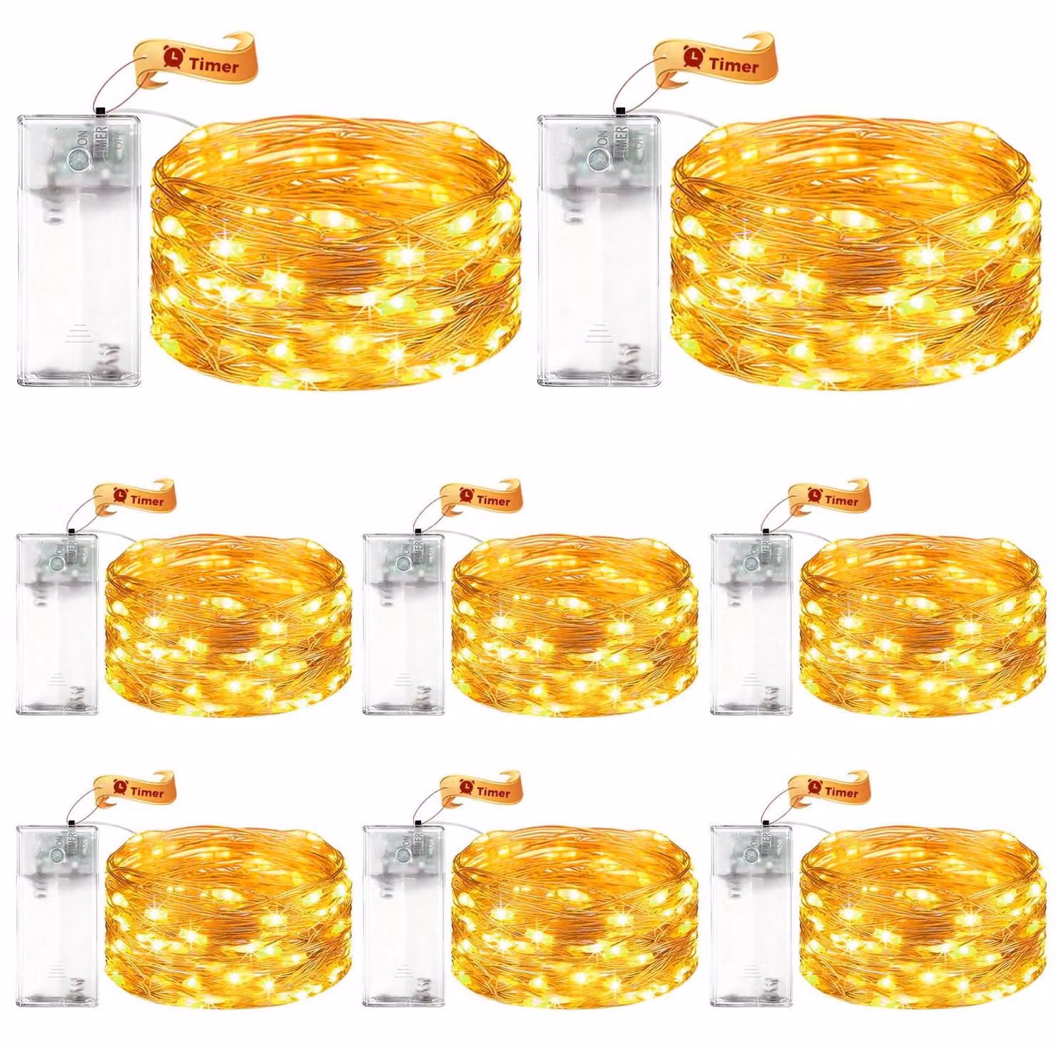 Catena luminosa a LED, set da 8, lunghezza 3 metri, 30 LED, luce bianco caldo, con timer, alimentazione a batteria