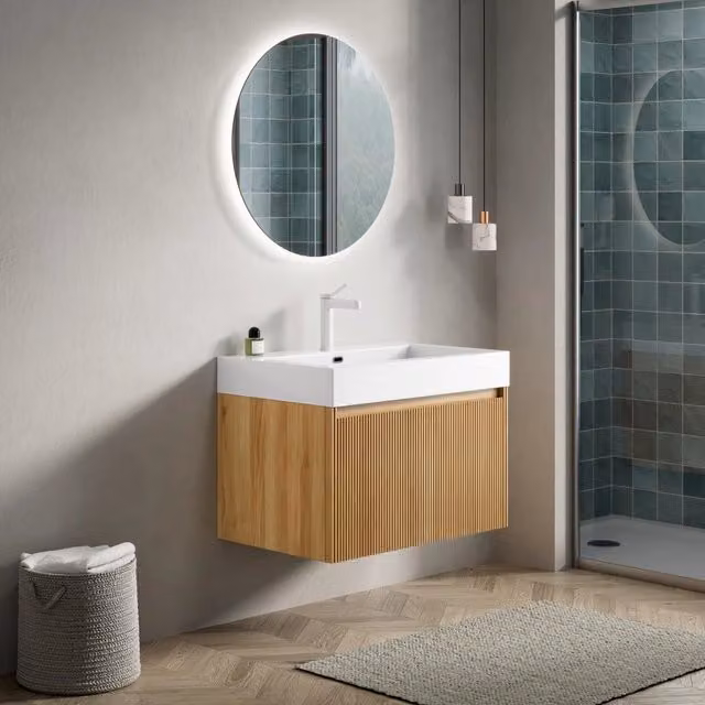 Mobile sottolavabo con lavabo integrato in resina e cassetto LED a chiusura ammortizzata rovere naturale 70 × 46 × 50 cm