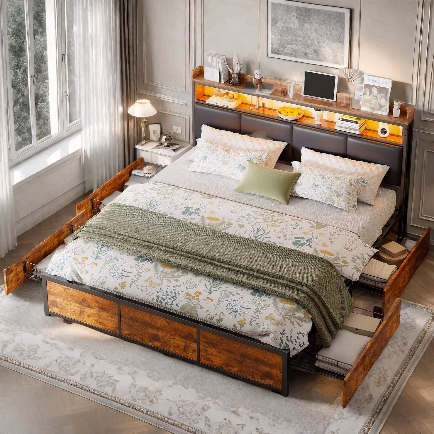 Letto imbottito ProximaX 180x200cm con USB e LED, letto matrimoniale contenitore con comodino e 4 cassetti, letto funzionale in legno, nero