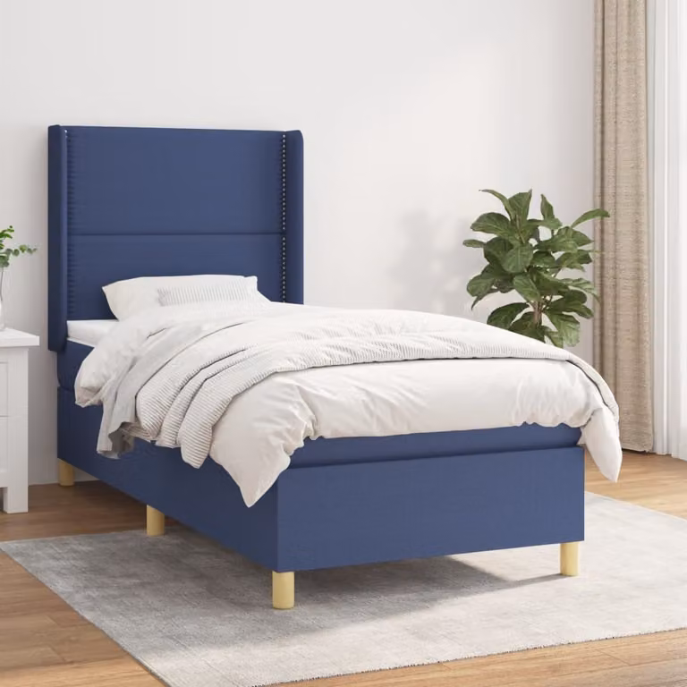 The Living Store Letto a molle con materasso blu 100x200 cm in tessuto