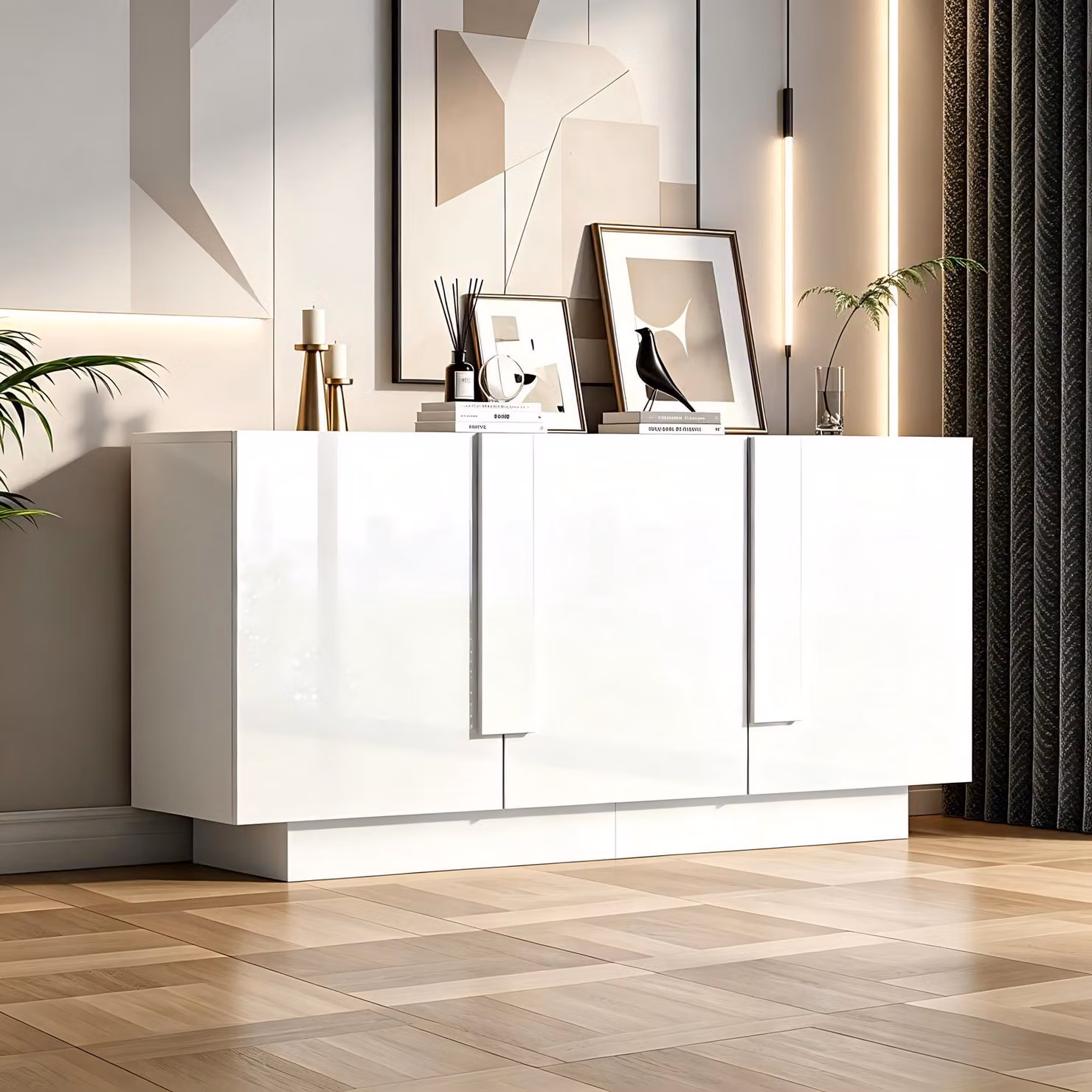 Credenza Merax lucida con 3 ante e 6 ripiani, cassettiera lucida con struttura in truciolato, mobile da soggiorno moderno con spazio contenitivo, bianco