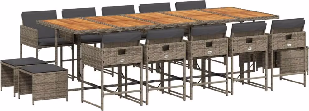 Set da Pranzo da Giardino 15 pz con Cuscini Grigio Polyrattan