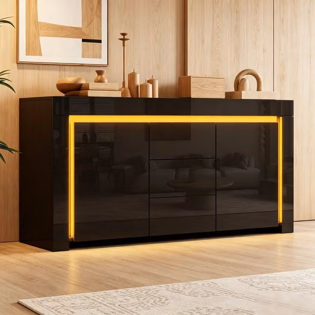 Sideboard moderno nero lucido con illuminazione LED integrata L: 140 cm, P: 40 cm, H: 65 cm